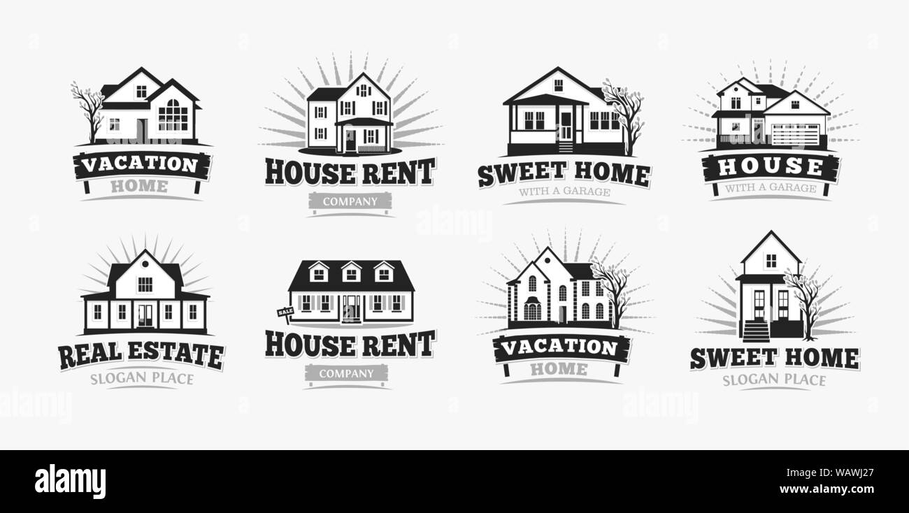 Villas icons, classic american village house architecture. Logo template for real estate agent, sale and rental, restore and repair business. Stock Vector