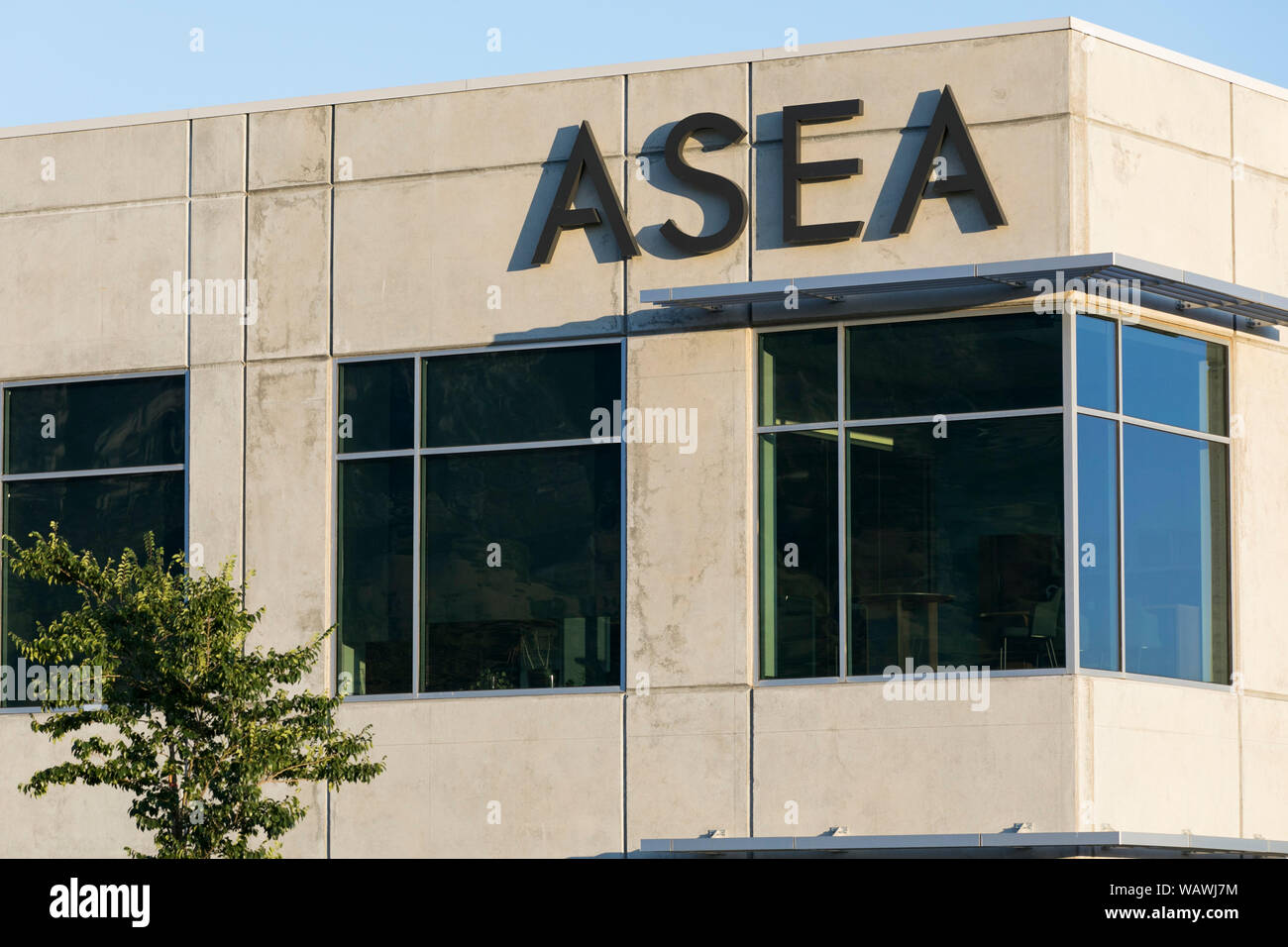A logo sign outside of the headquarters of ASEA in Pleasant Grove, Utah