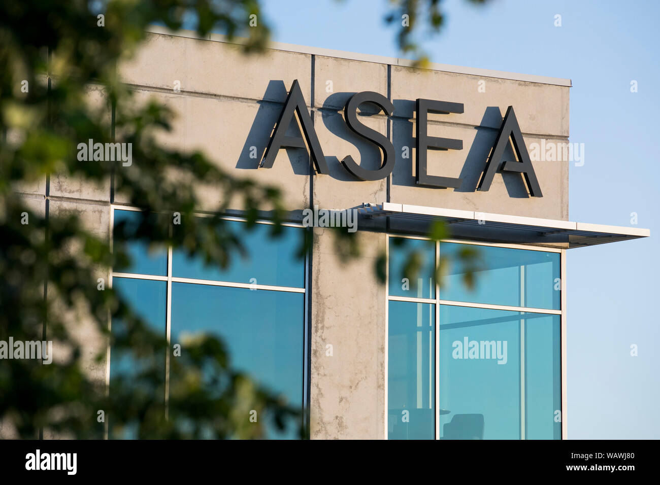 A logo sign outside of the headquarters of ASEA in Pleasant Grove, Utah