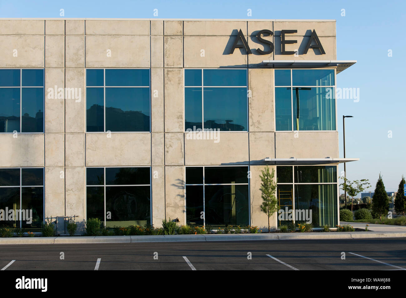 A logo sign outside of the headquarters of ASEA in Pleasant Grove, Utah