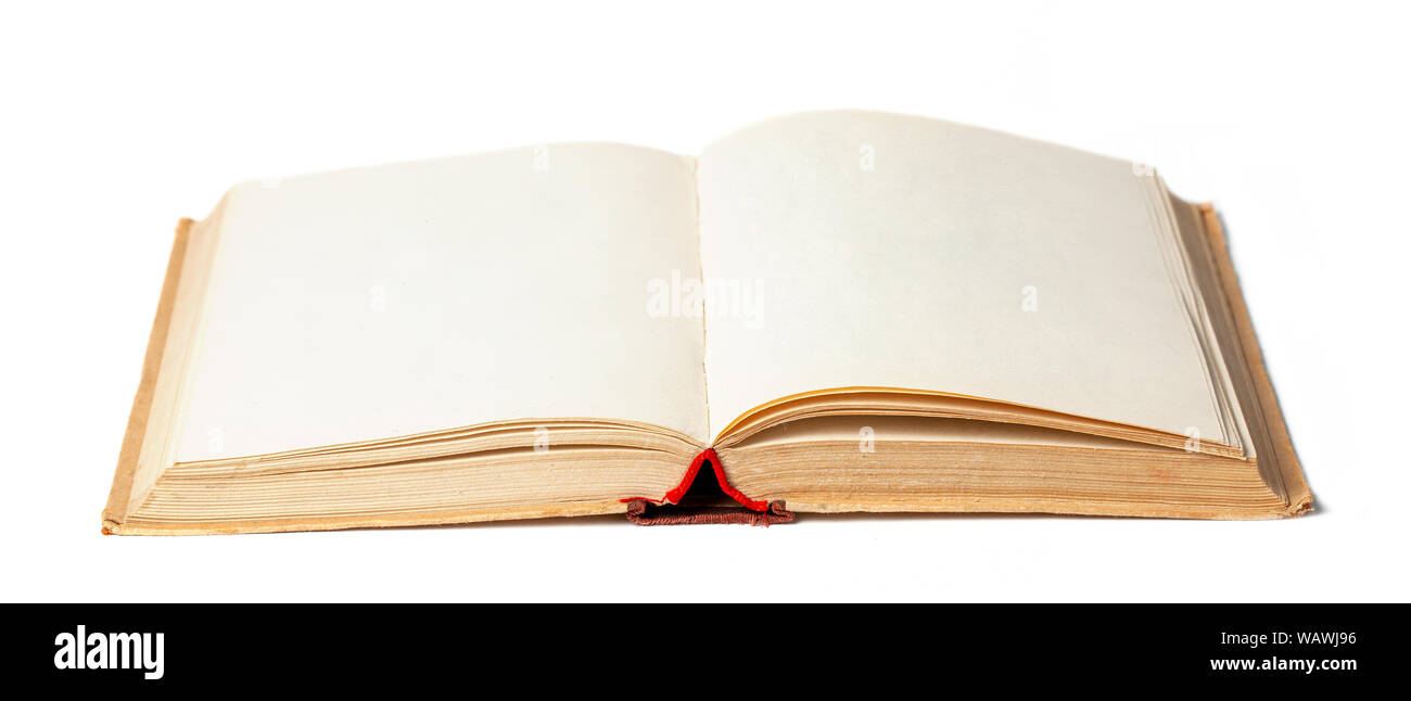 Old open book isolated on white background. Stock Photo