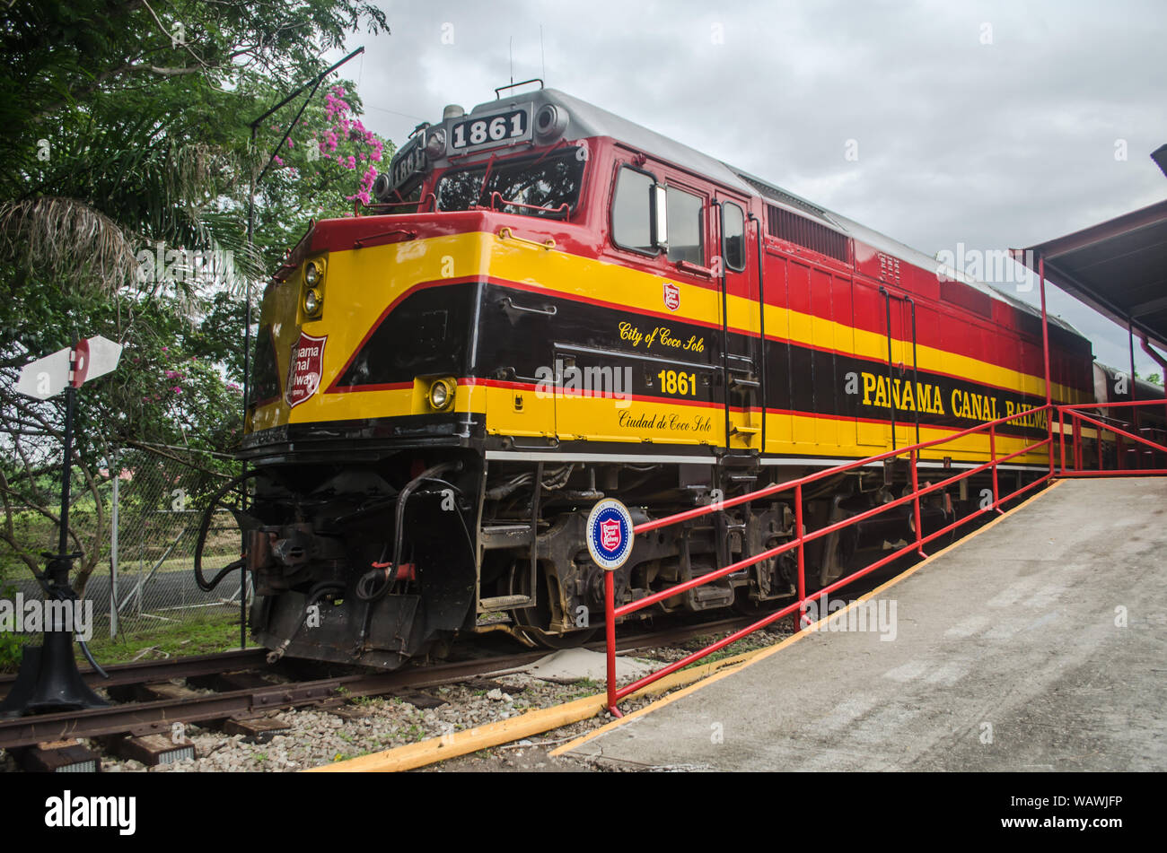 Panama Canal Railway in Corozal railway station. The Panama Canal Railway is a historic and significant railway that runs parallel to the Panama Canal Stock Photo