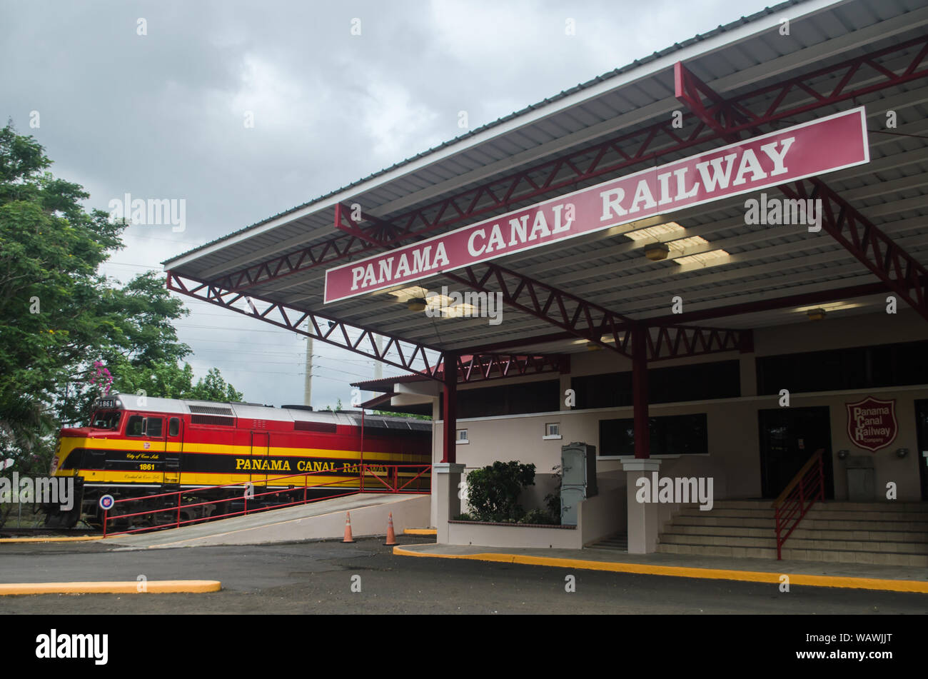 Panama Canal Railway in Corozal railway station. The Panama Canal Railway is a historic and significant railway that runs parallel to the Panama Canal Stock Photo