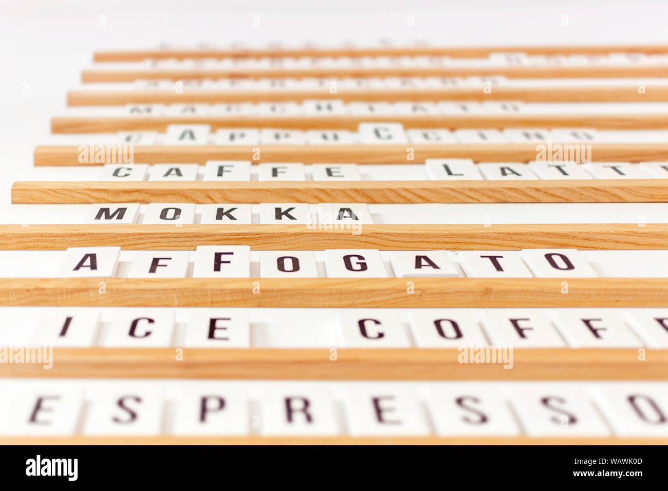 Coffee shop menu board with focus on affogato and mokka Stock Photo