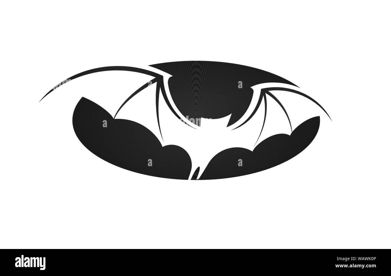 Bat in flight, wide wings, negative space silhouette of bat on black oval background, vector illustration. Halloween and vampire simple Logo and Stock Vector