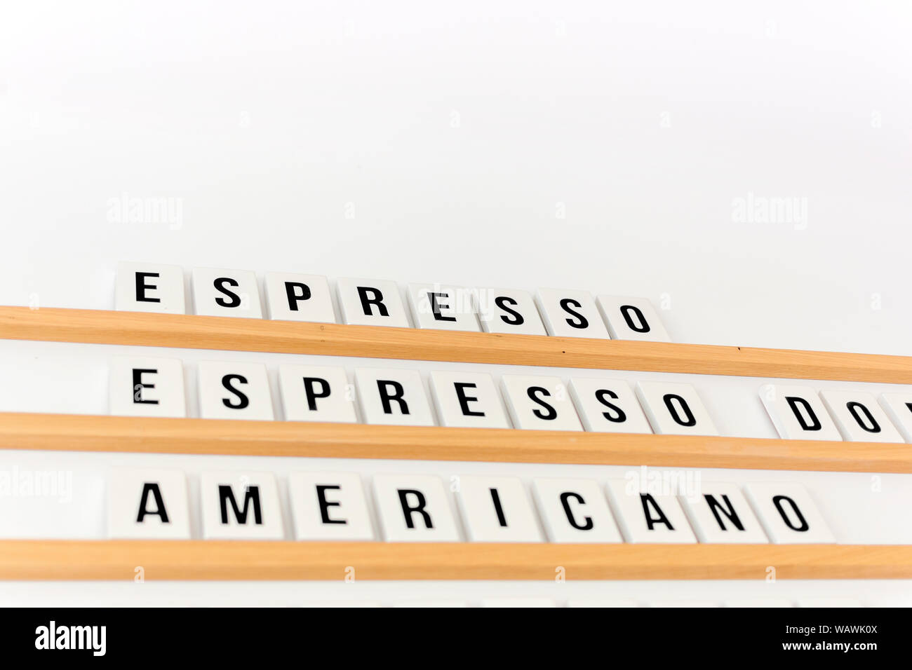 Coffee shop menu board with focus on espresso Stock Photo