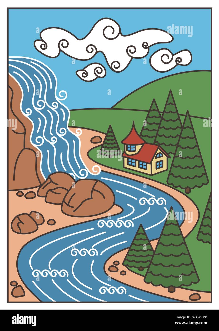 Illustration of Nature Landscape - Waterfall, River, Mountains and the beautiful house. Vector Card. EPS10 Stock Vector