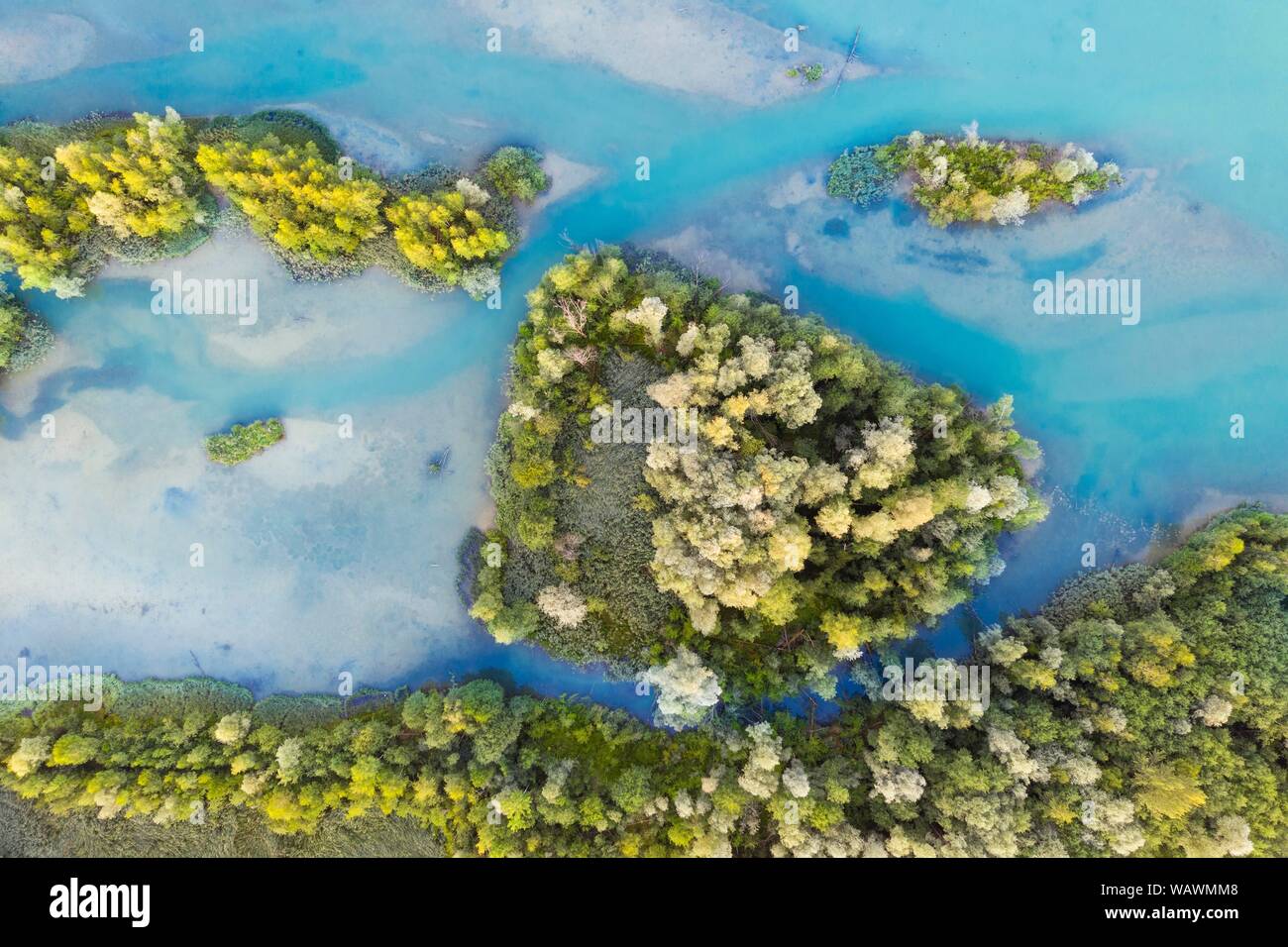 Wooded small islands in the Isar reservoir Tolz, Bad Tolz, Isarwinkel, aerial view, Upper Bavaria, Bavaria, Germany Stock Photo