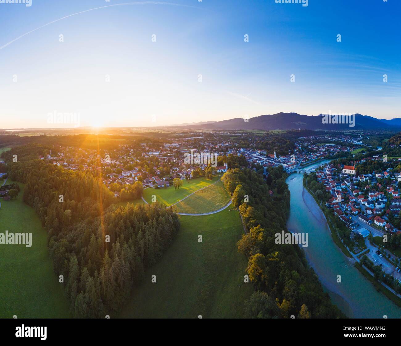 Bad Tolz with Calvary and Isar at sunrise, Isarwinkel, aerial view, Upper Bavaria, Bavaria, Germany Stock Photo