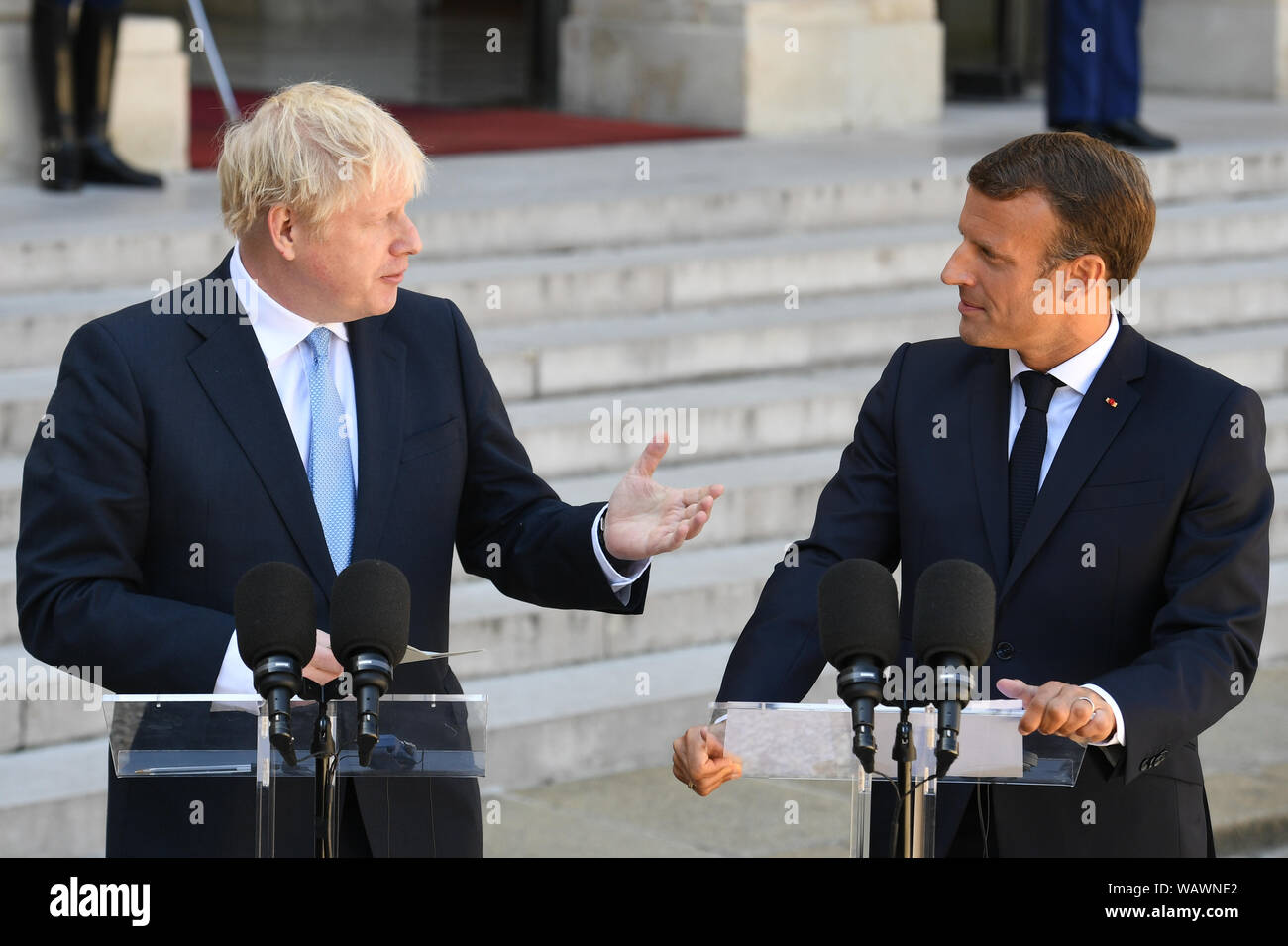 Prime Minister Boris Johnson with French President Emmanuel Macron at the Elysee Palace in Paris ahead of talks to try to break the Brexit deadlock. Stock Photo