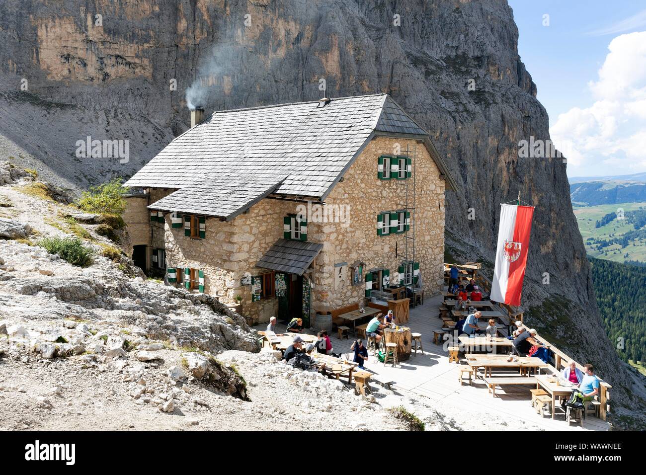 Mountain hut, Langkofel hut, Val Gardena Dolomites, South Tyrol, Italy Stock Photo