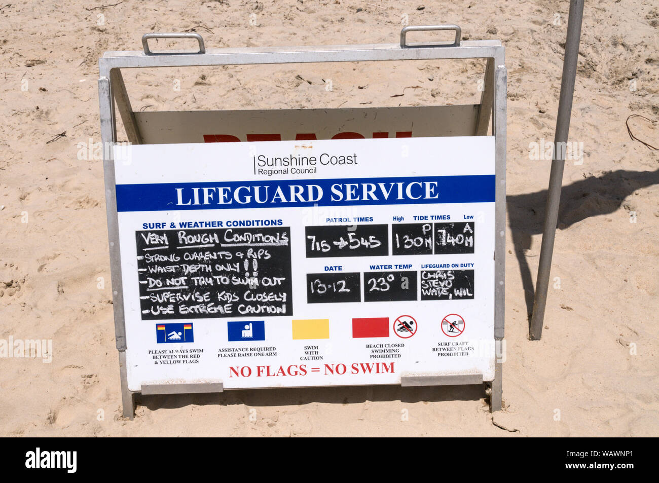 A life guard sign advising on local beach conditions. on one of the Sunshine beaches  in Queensland, Australia. Stock Photo