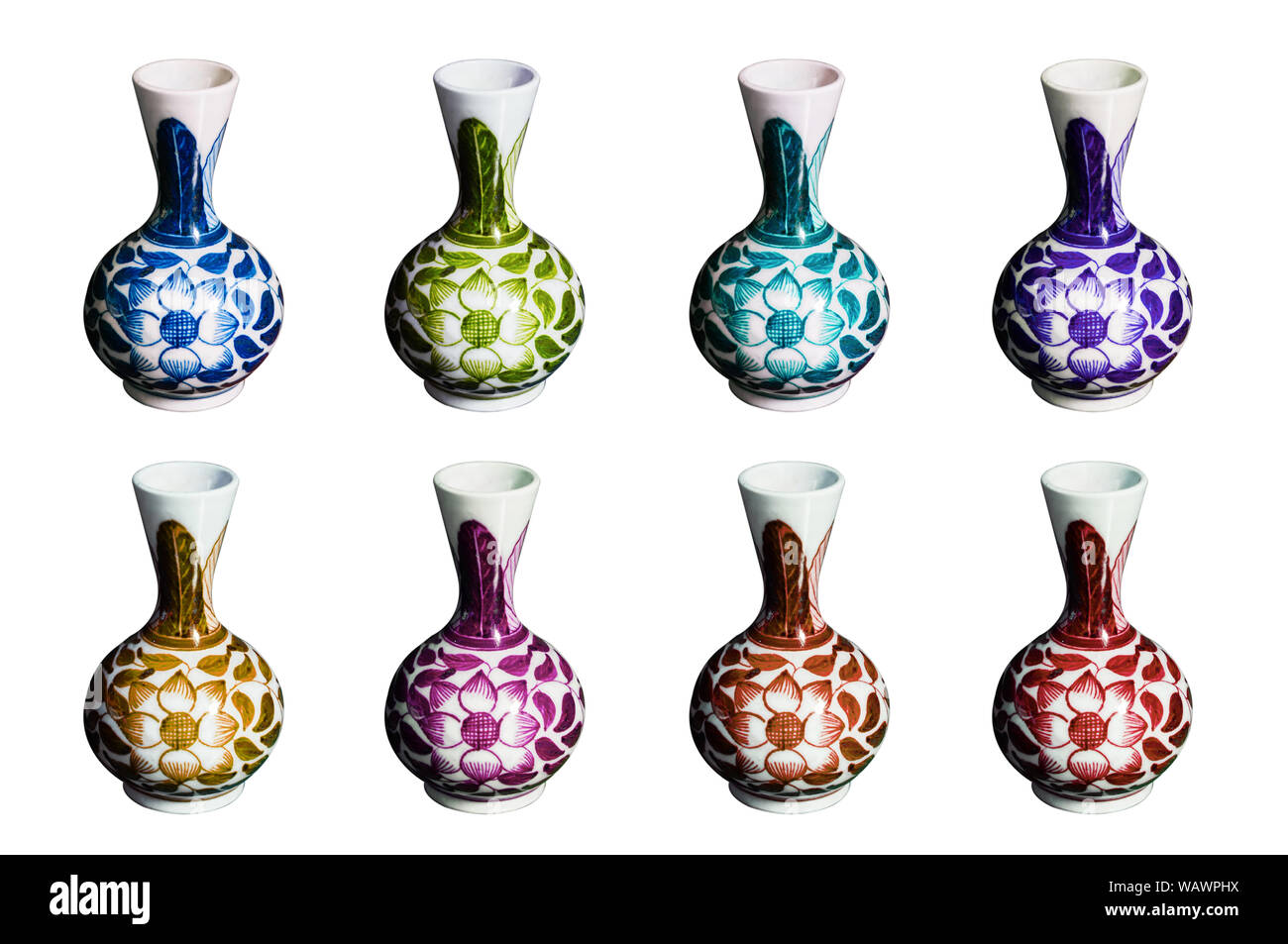 Collection set of Colourful vintage China ware flower painted vase, Chinese porcelain isolated on white background Stock Photo