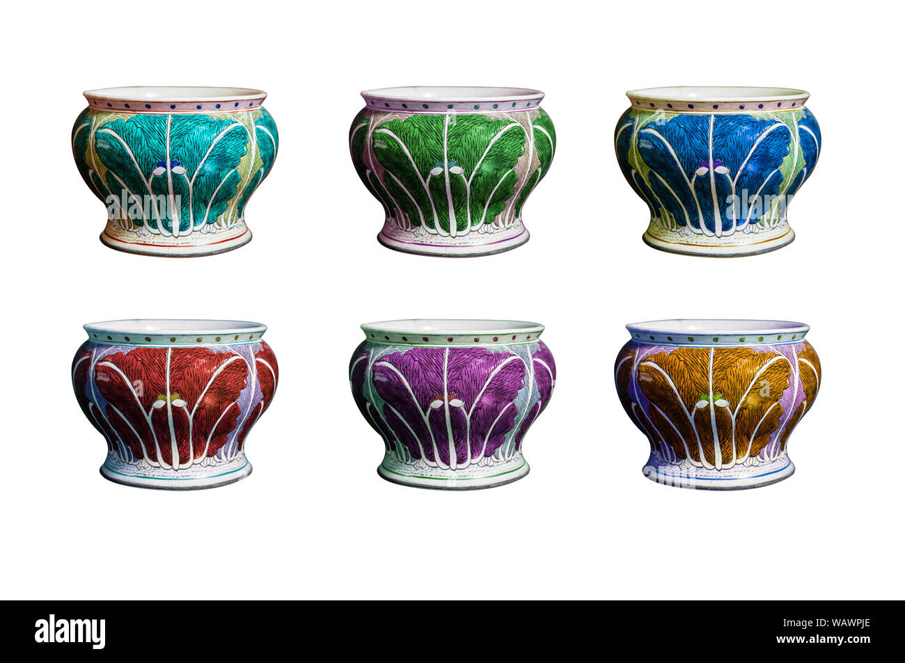 Collection set colourful cabbage pattern painted China ware, Old vintage Chinese porcelain vase isolated on white background Stock Photo