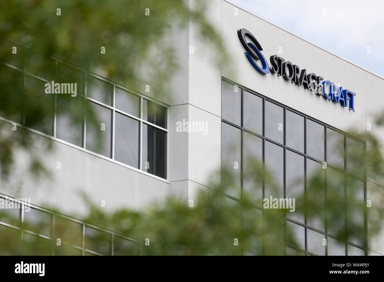 A logo sign outside of the headquarters of StorageCraft in Draper, Utah