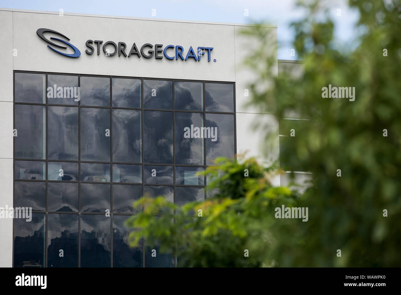A logo sign outside of the headquarters of StorageCraft in Draper, Utah