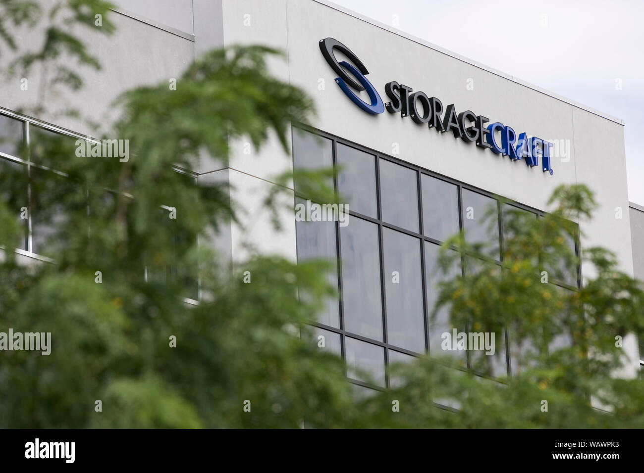 A logo sign outside of the headquarters of StorageCraft in Draper, Utah