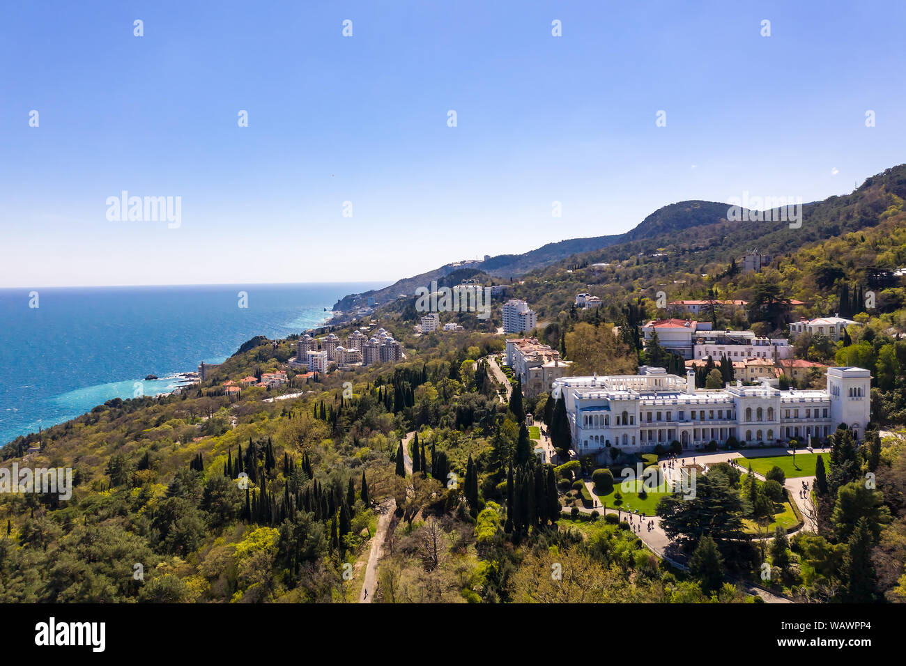 Aerial drone shot of Livadia Palace with a beautiful landscaped garden in Crimea Stock Photo