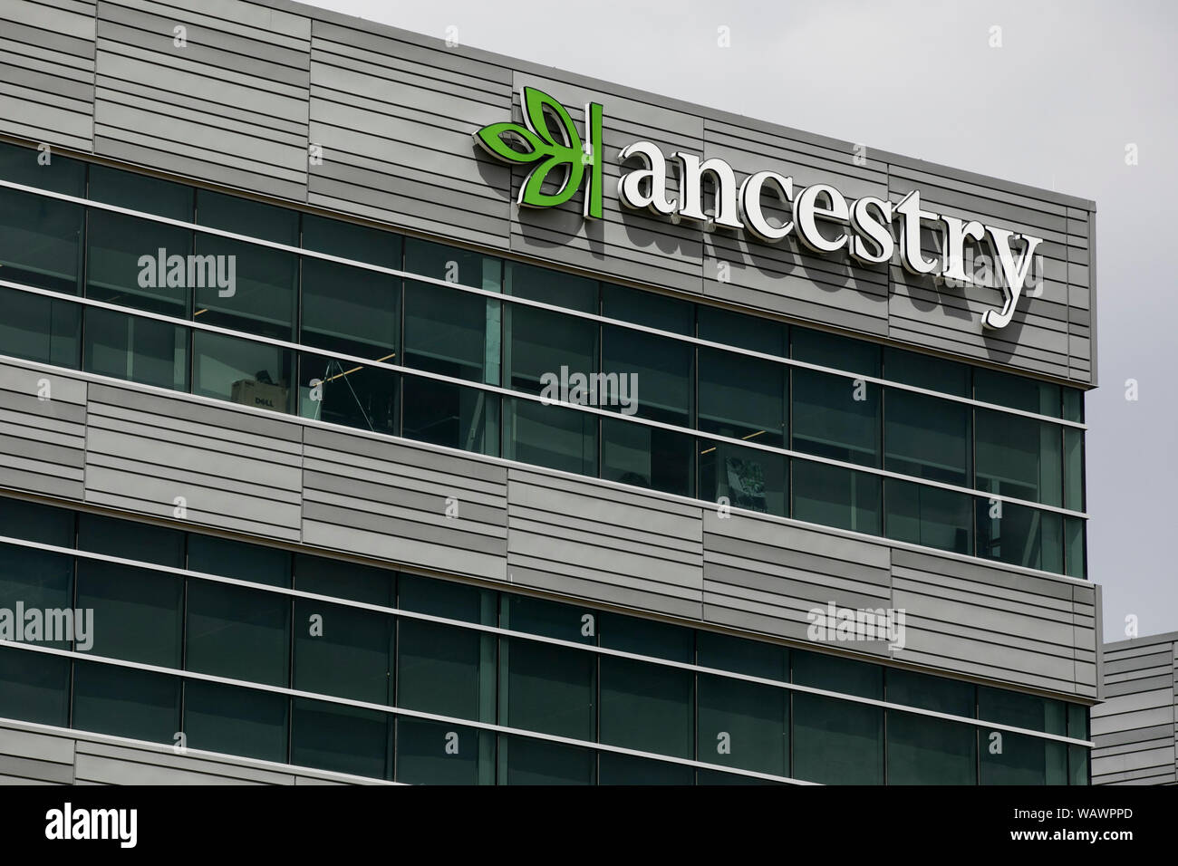 A logo sign outside of the headquarters of Ancestry (Ancestry.com) in Lehi, Utah on July 27, 2019. Stock Photo