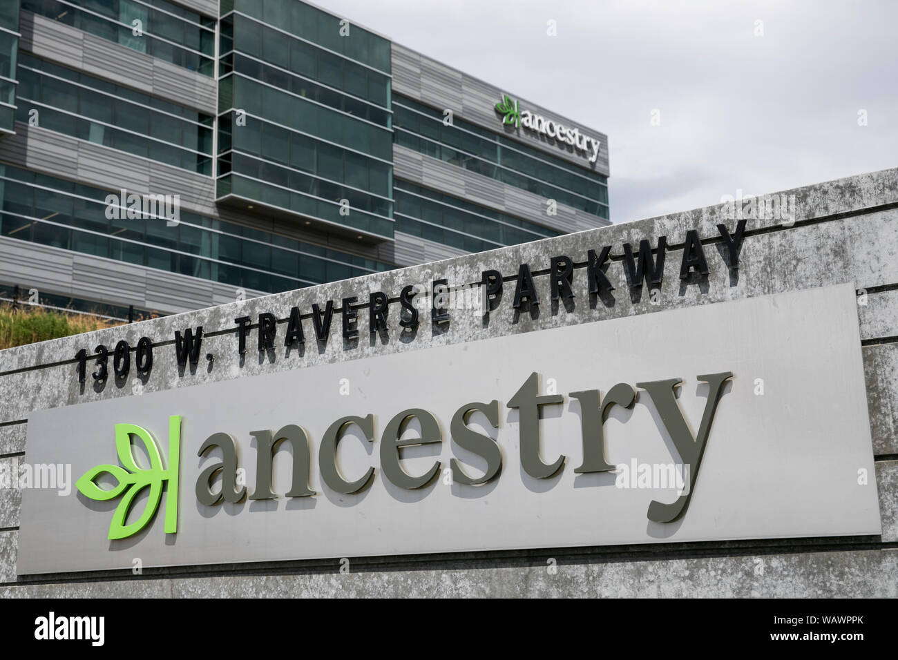 A logo sign outside of the headquarters of Ancestry (Ancestry.com) in Lehi, Utah on July 27, 2019. Stock Photo