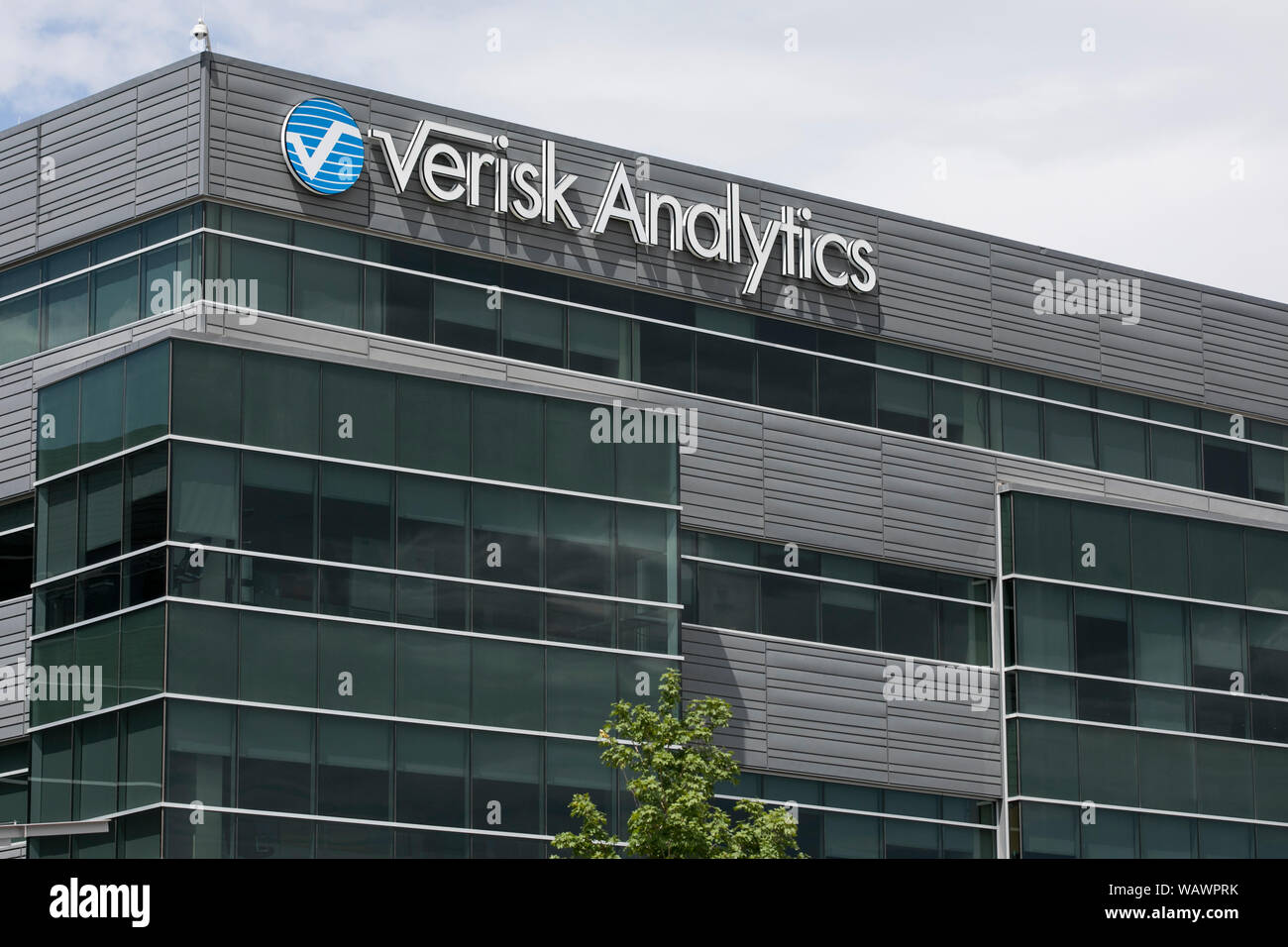 A logo sign outside of the headquarters of Verisk Analytics in Lehi, Utah on July 27, 2019. Stock Photo