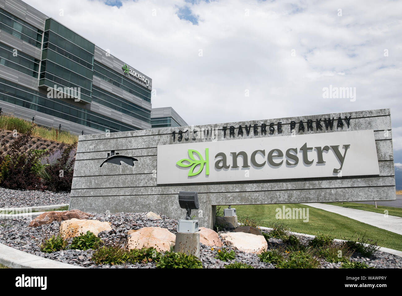 A logo sign outside of the headquarters of Ancestry (Ancestry.com) in Lehi, Utah on July 27, 2019. Stock Photo