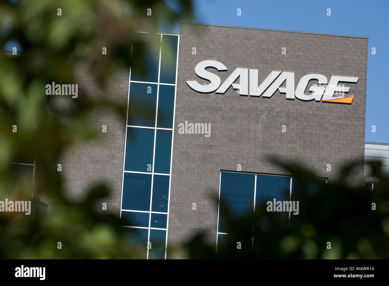 A logo sign outside of the headquarters of Savage Services in Midvale, Utah on July 28, 2019. Stock Photo
