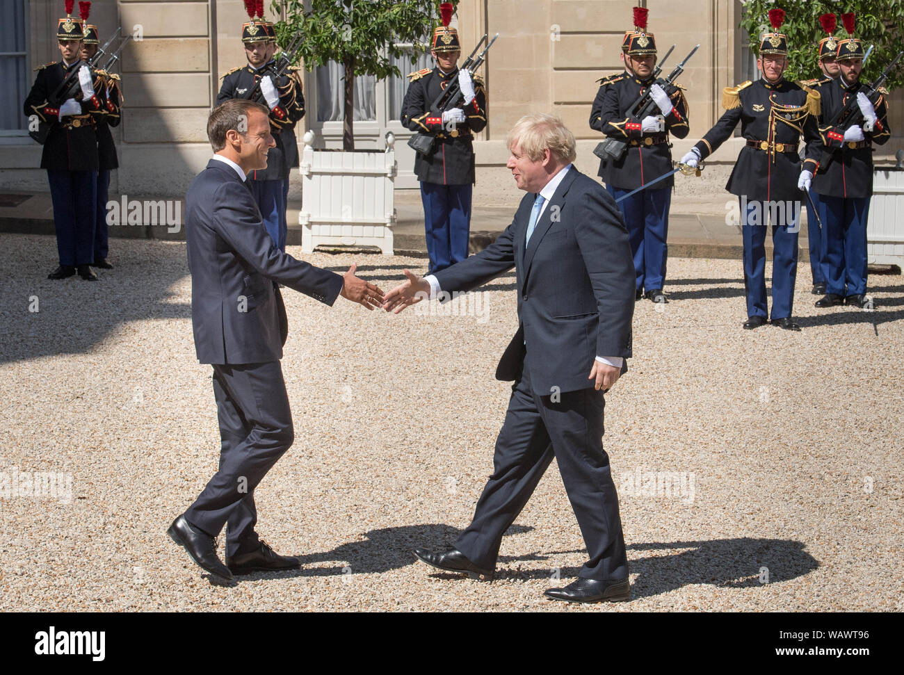 Prime Minister Boris Johnson with French President Emmanuel Macron at the Elysee Palace in Paris ahead of talks to try to break the Brexit deadlock. Stock Photo