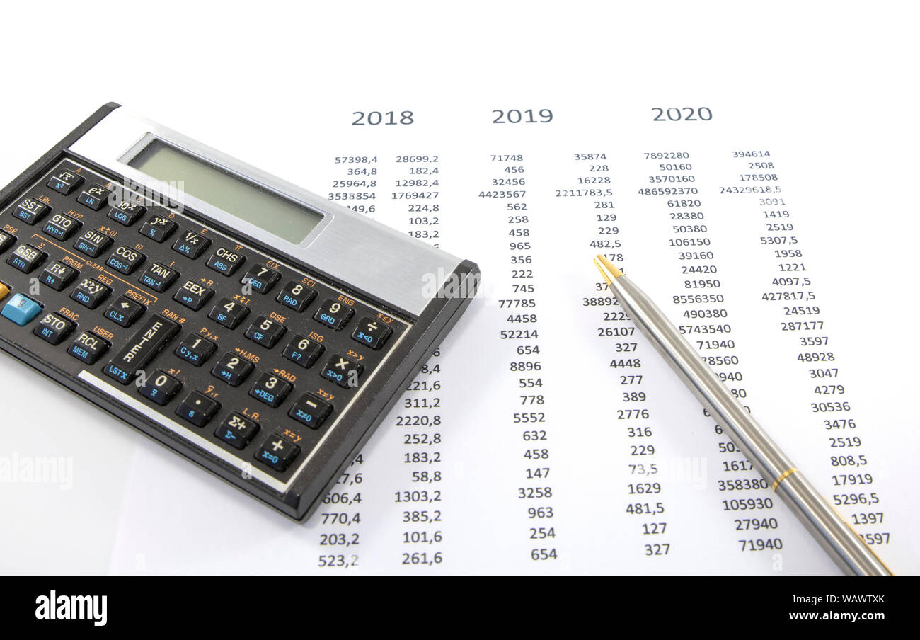calculating the finance situation for 2020 wit paper pen and calculator Stock Photo
