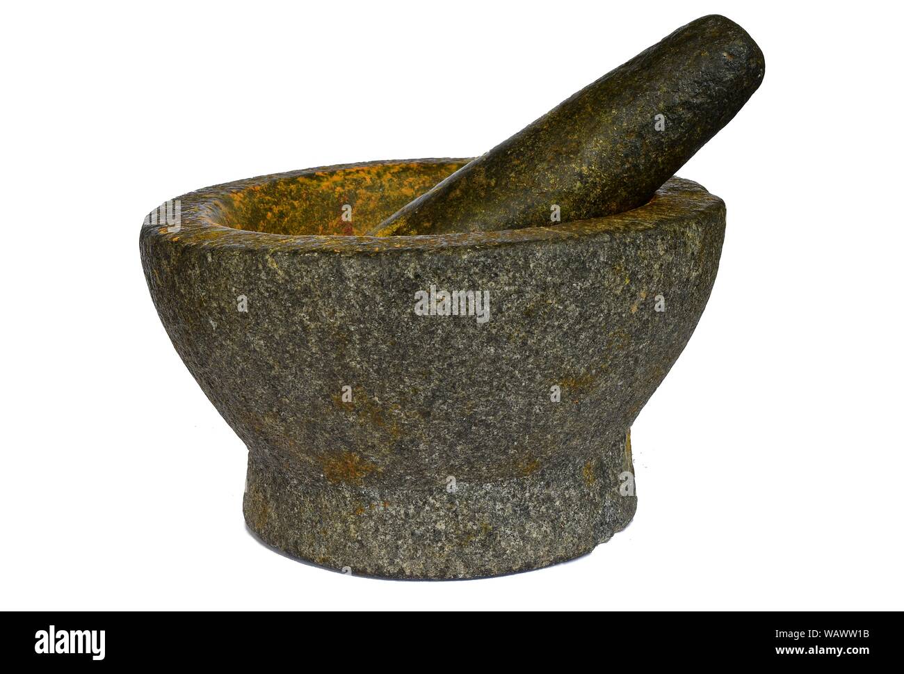 Vintage Mortar and pestle isolated on white background, Kitchenware made of black stone Stock Photo