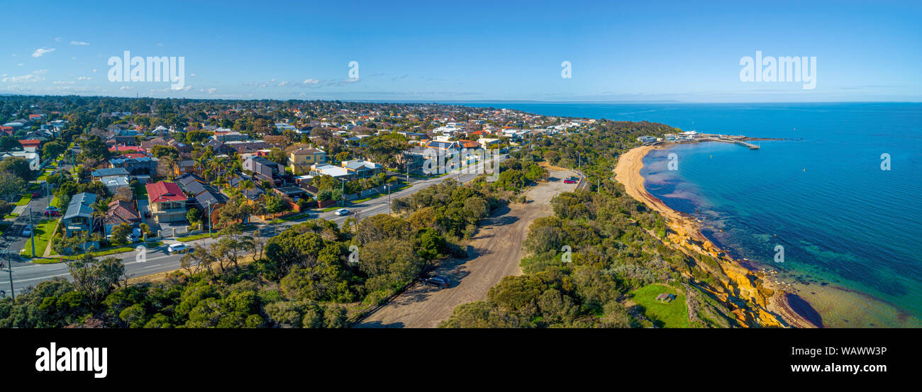 Aerial panorama of Beach Road and Black Rock suburb in Melbourne