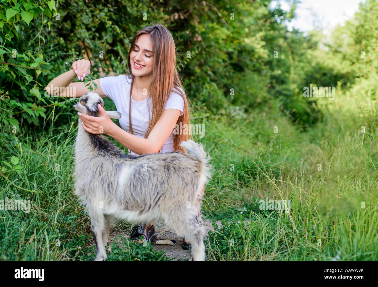 Girl play cute goat. Farm and farming concept. Village animals. Protect