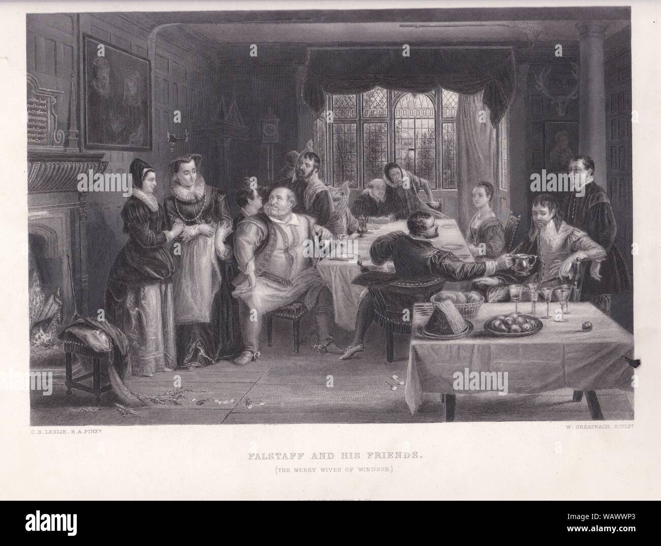 Print of Falstaff and his Friends from Shakespeare's play 'The Merry Wives of Windsor'. Stock Photo