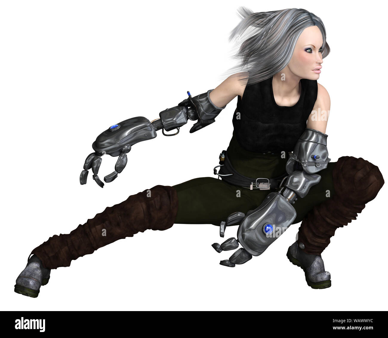 Female Cyber Soldier Crouching in Attacking Pose Stock Photo