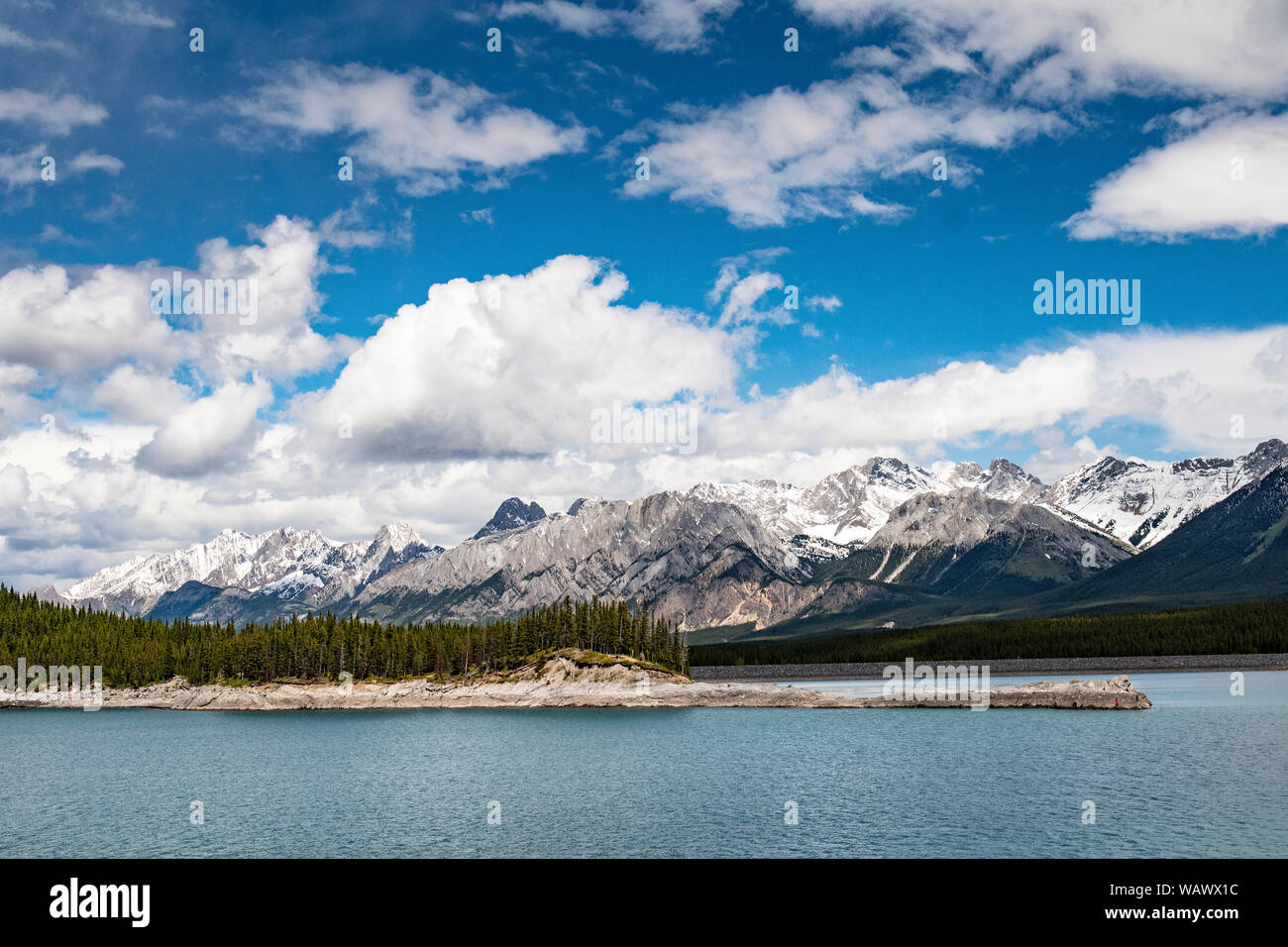 Hiking at the Upper Kananaskis Lake in the Canadian Rockies in Alberta. Stock Photo