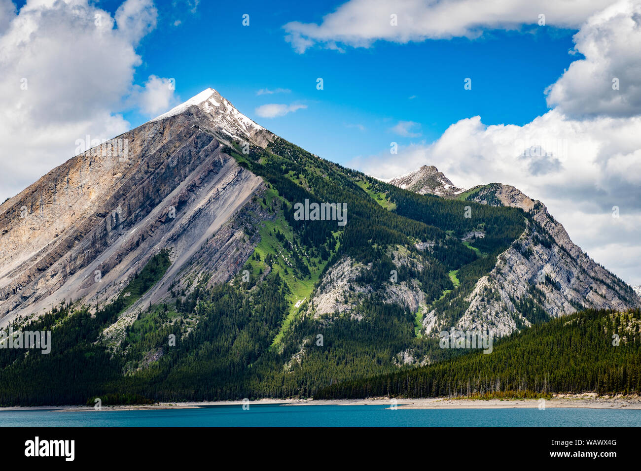 Hiking at the Upper Kananaskis Lake in the Canadian Rockies in Alberta. Stock Photo