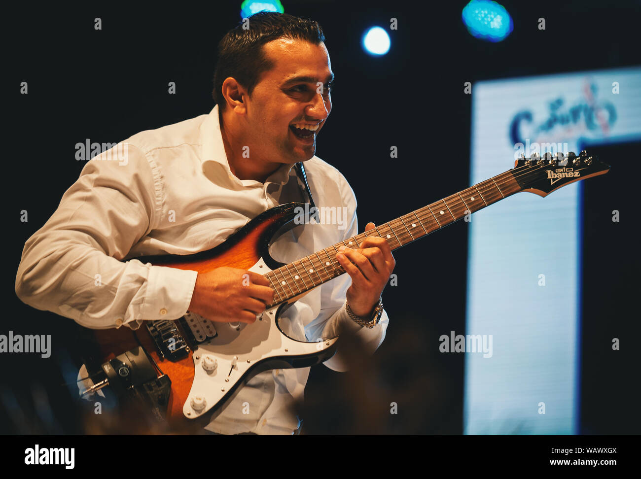 Pranjani, Serbia - August 18, 2019: Bako Jovanovic on stage of the first festival of violinists in Serbia, famous guitarist of traditional Serbian mus Stock Photo