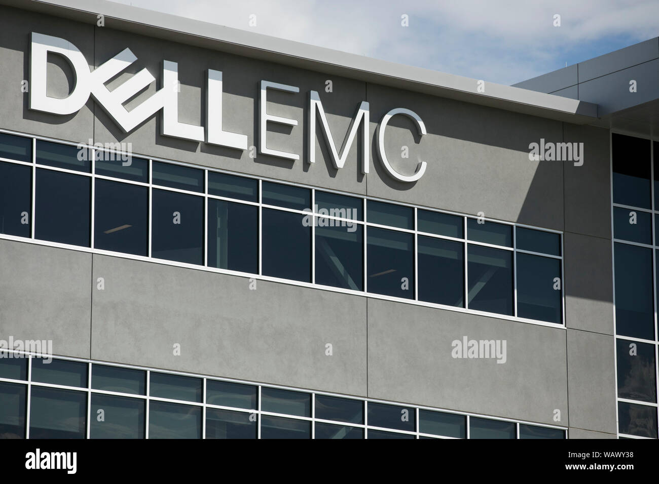 A logo sign outside of a facility occupied by Dell EMC in Draper, Utah on July 27, 2019. Stock Photo