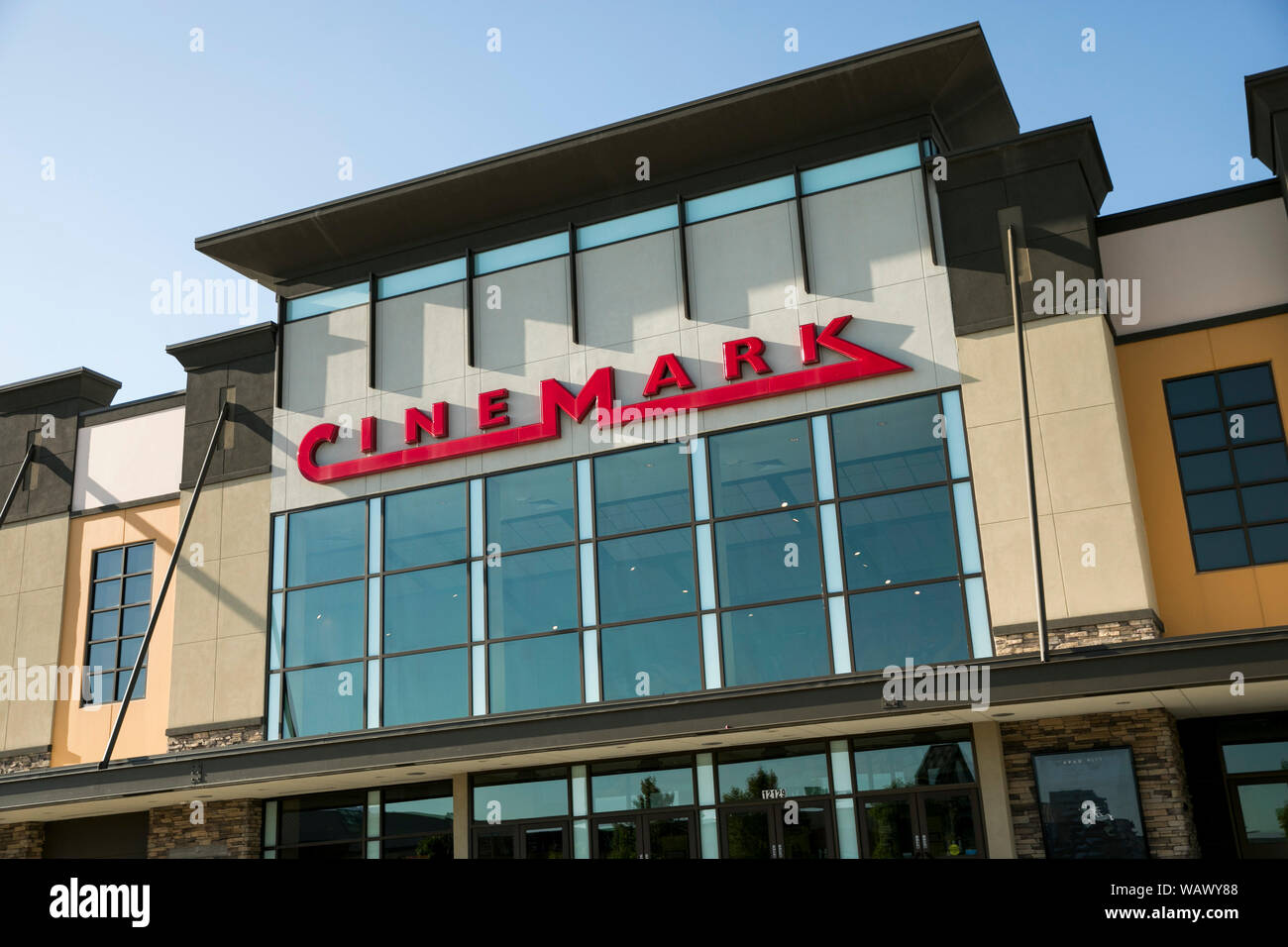 A logo sign outside of a Cinemark movie theater location in Draper, Utah on July 28, 2019 Stock