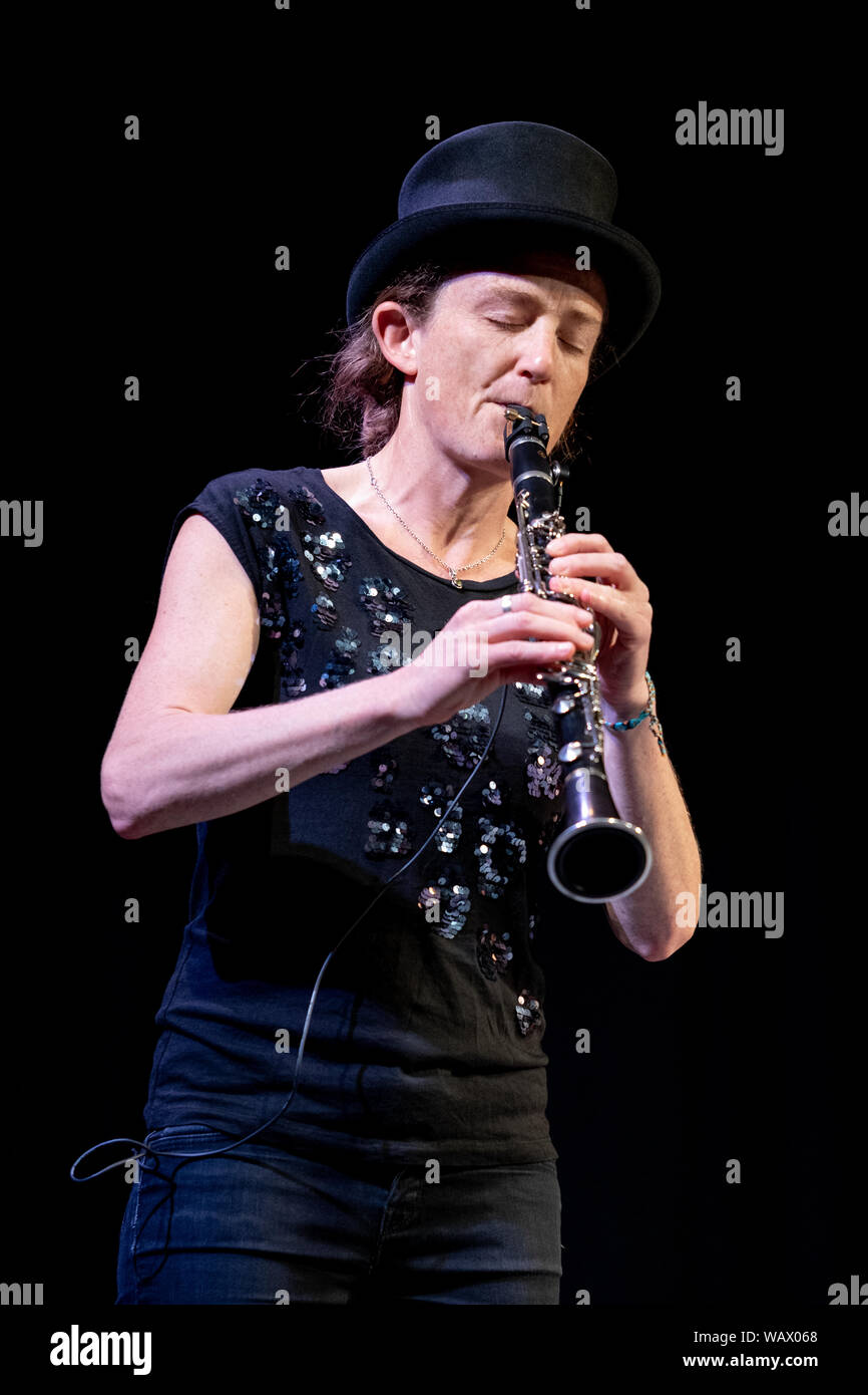 Susi Evans of the London Klezmer Quartet playing klezmer music on the clarinet during the Klezfest music festival in London, August 2019. Stock Photo