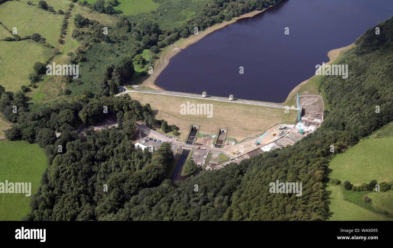 aerial view of remedial engineering works being carried out at Lindley Wood Reservoir, Lindley. near Farnley, Otley, Yorkshire Stock Photo
