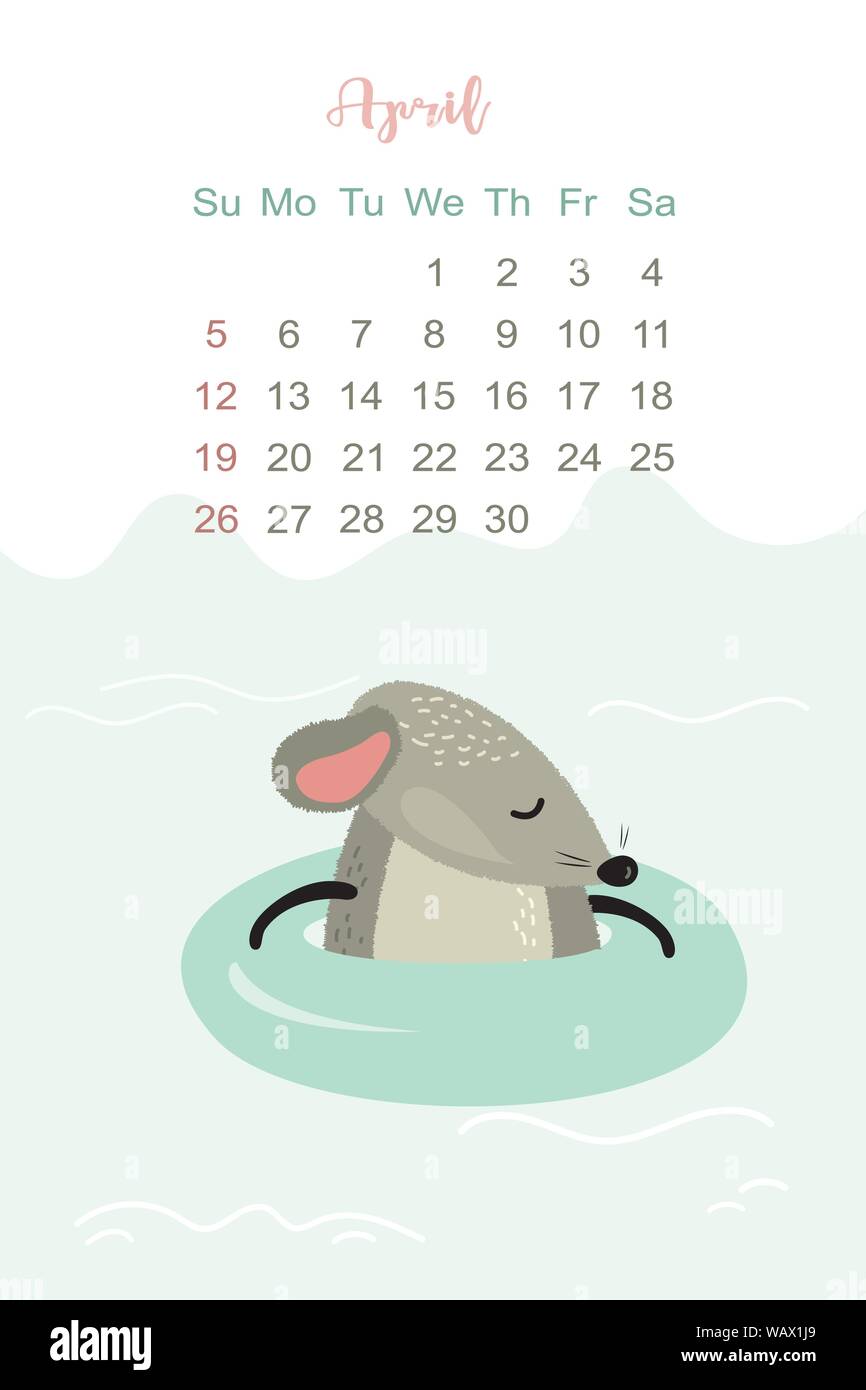 April month 2020 template design. Calendar 2020 with funny and cute rat.  Vertical layout. Animal character floats on a rubber ring in the sea.  Vector Stock Vector Image & Art - Alamy