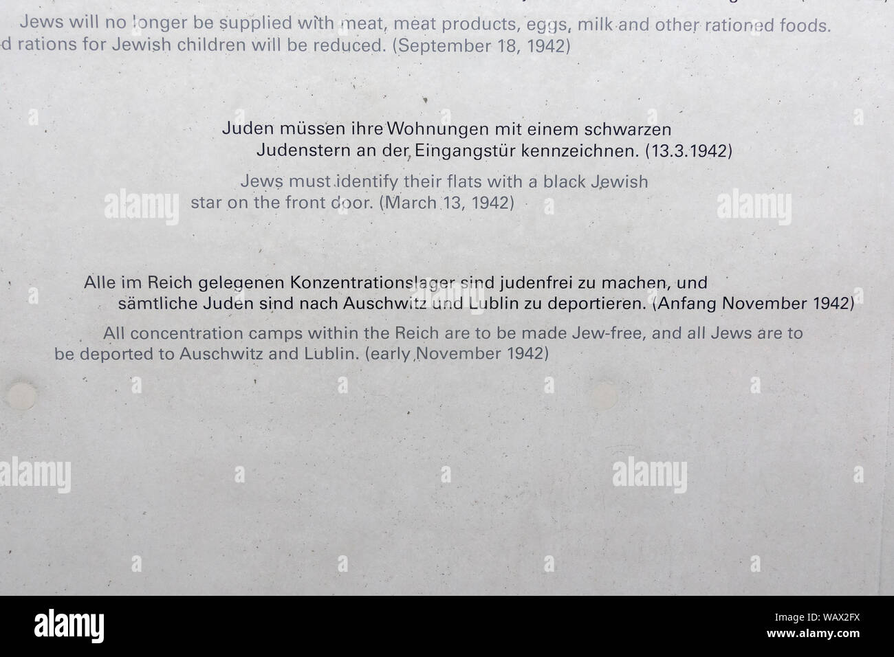 Some of the Nazi anti-Jewish State decrees (black star, Jew-free camps in the Reich) NS-Dokumentationszentrum München, Munich, Germany (INFO IN NOTES) Stock Photo