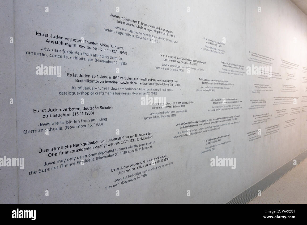 Display of Nazi anti-Jewish state decrees after November 1938 on a wall in the NS-Dokumentationszentrum München, Munich, Germany. Stock Photo