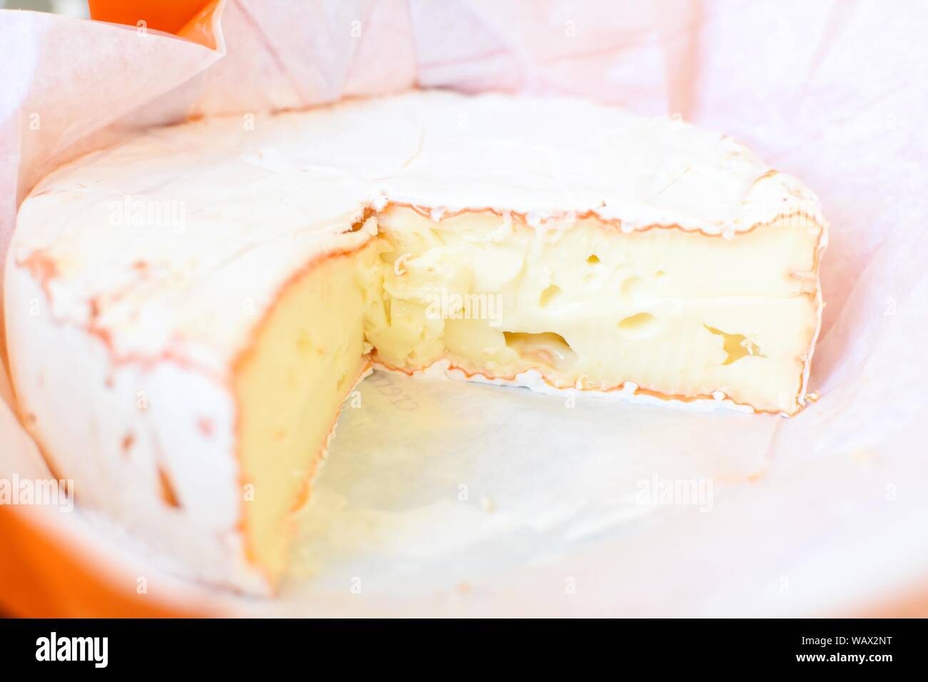 Close up of a Camembert cheese in the open original paper package. Stock Photo
