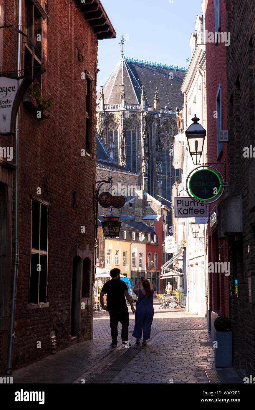the lane Koerbergasse, view to the cathedral, Aachen, North Rhine-Westphalia, Germany. Stock Photo