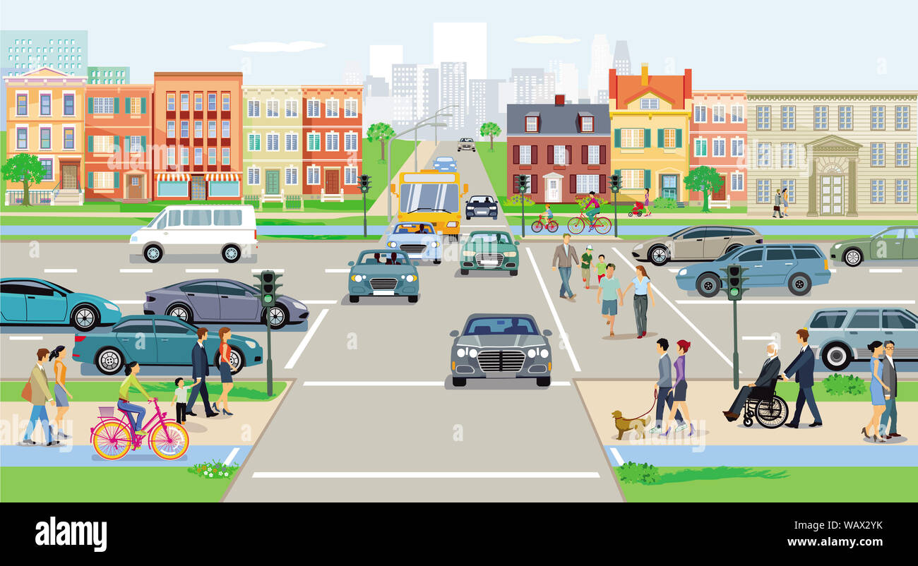 Road traffic with pedestrians and cars on urban street Stock Photo - Alamy