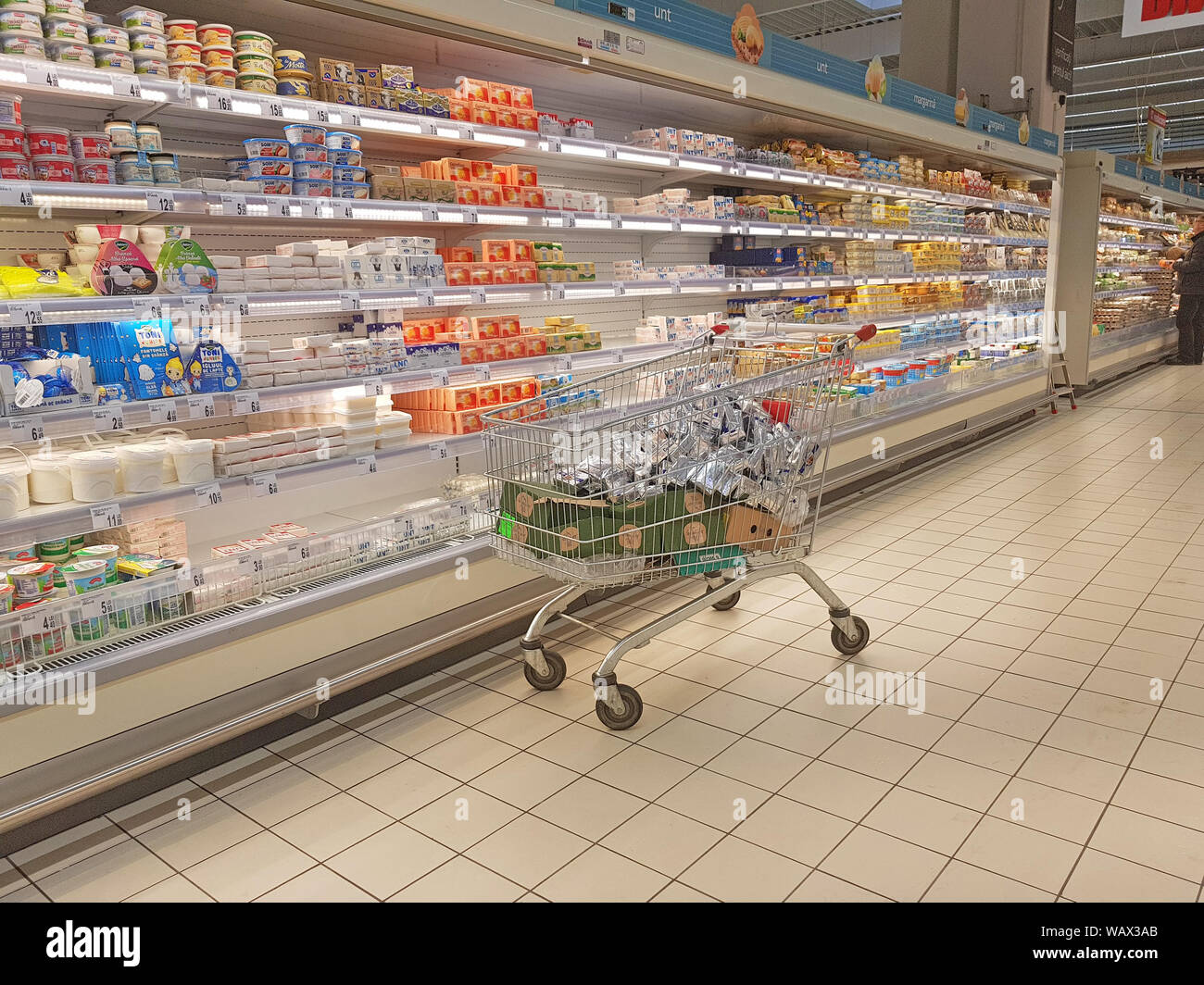 Piatra Neamt Romania January 26 2019 Dairy Products On Cool Rack In Shopping City Piatra Neamt Stock Photo Alamy