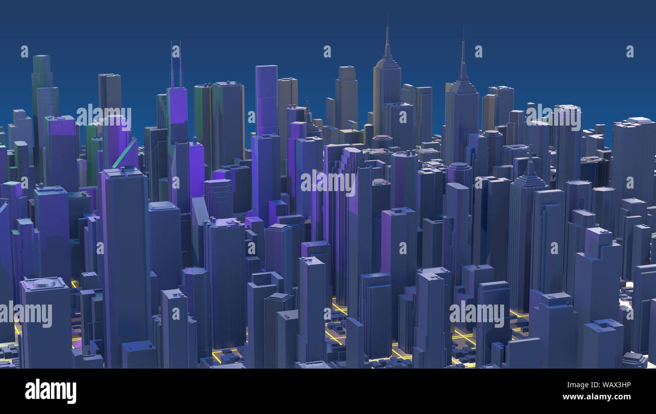 Downtown city skyscrapers. City with glow lines road and digital elements. 3D Rendering. Stock Photo