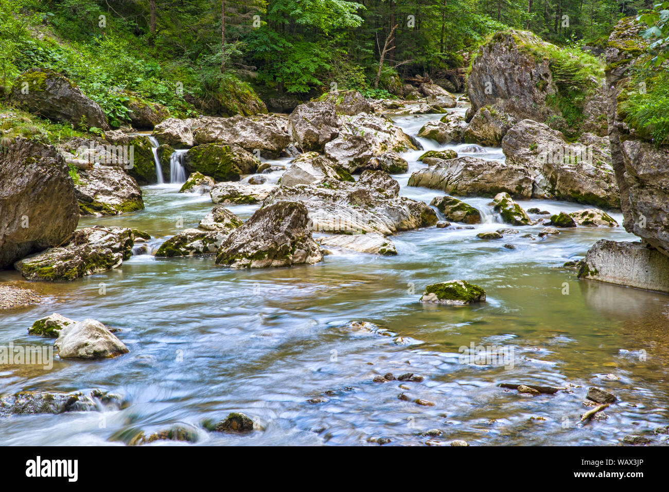 Silky flowing river in rocky mountain, Romanian Carpathians Stock Photo